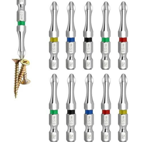 Hitscrews Magnetic Screwdriver Bits PH2, 2-Inch Impact Driver Bits #2, S2 Steel Chrome Finish Phillips Bits For Impact Driver, Home Improvement & DIY - 10 Pack