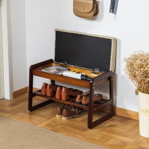 latifolia Solid Wood Bench, Entryway Shoe Bench with Cushion, Flip-Open Storage Compartment, 2-Tier Shoe Organizer(Grey,21.65''L) - Thumbnail 5