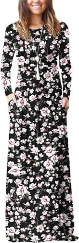 DEARCASE Maxi Dress for Women Pink Flower Black Medium Round Neck Boho Long Sleeves Teacher A-line Casual Hawaiian Empire Waist Flowy Party Vintage Spring Fall Winter Floor Dresses with Pocket - Image 1