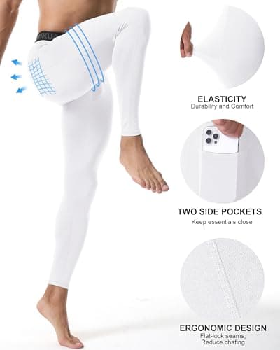 RIKUAOU Men’s Compression Pants Running Leggings Athletic Base Layer Workout Tights with Pockets for Sports Basketball White - Thumbnail 4