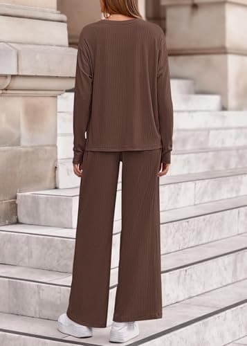 KIRUNDO Spring 2 Piece Lounge Sets for Women Long Sleeve Ribbed Knit Tops Wide Leg Pants Matching Travel Outfits Postpartum(Brown, X-Large) - Thumbnail 2