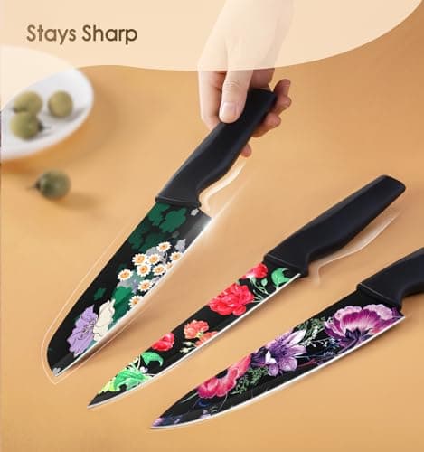 Astercook Knife Set, 12-Piece Flower Kitchen Knives Sets with Blade Guards, Dishwasher Safe, German High Carbon Stainless Steel, Perfect Gifts for Kitchen - Thumbnail 3