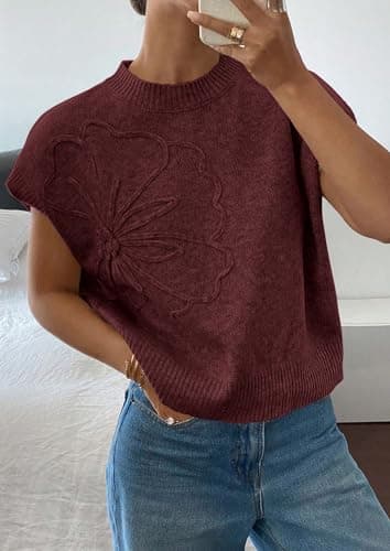 PRETTYGARDEN Women's 2026 Spring Sweater Vest Trendy Flower Knit Short Sleeve Cute Pullover Tank Tops Summer Fashion Clothing (Red Brown,X-Large) - Thumbnail 3