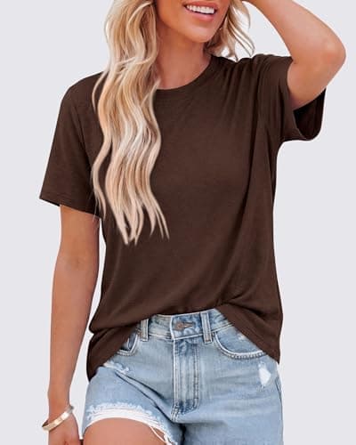 KIRUNDO Womens Tops Summer Short Sleeve T-Shirts Casual Crewneck Knit Plain Basic Tees Top Going Out Outfits Fashion Clothing(Brown, XX-Large) - Thumbnail 5