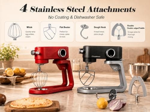 Kraftsman Stand Mixer Heavy Duty - All Metal Kitchen Standing Mixer 5.3 Quart with 4 Stainless Steel Attachments, DC Motor & Multifunctional Power Hub, 8-Speed & Timer, Lower Noise (Red) - Thumbnail 4