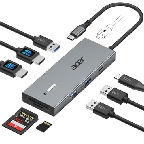 Acer USB C Docking Station Dual Monitor With 2 HDMI, 9-IN-1 Laptop Docking Station with 4K@60Hz HDMI, USB A&C 3.0, SD/Micro SD, 100W PD, USBC Dock Compatible with Acer/Dell XPS/HP/Mac/Surface (0.65FT)