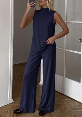 BTFBM 2 Piece Outfits For Women Airport Travel Summer 2026 Loose Mock Neck Sleeveless Wide Leg Pants Workout Lounge Sets(Navy Blue, X-Large) - Thumbnail 2