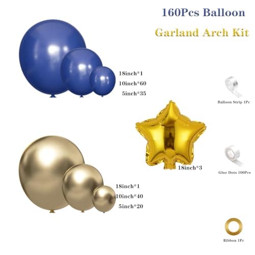 Royal Blue and Gold Balloon Garland Arch Kit, 160Pcs Dusty Blue Gold Latex Balloons with Star Foil Balloons for Wedding Anniversary Birthday Party Decorations - Thumbnail 2