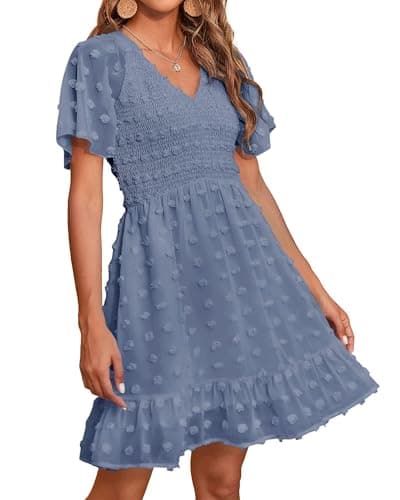 BTFBM Womens Beach Vacation Dress Summer 2026 V Neck Short Sleeve Smocked Swiss Dot Ruffle Casual Mini Spring Dresses(Grey Blue, Large) - Image 1