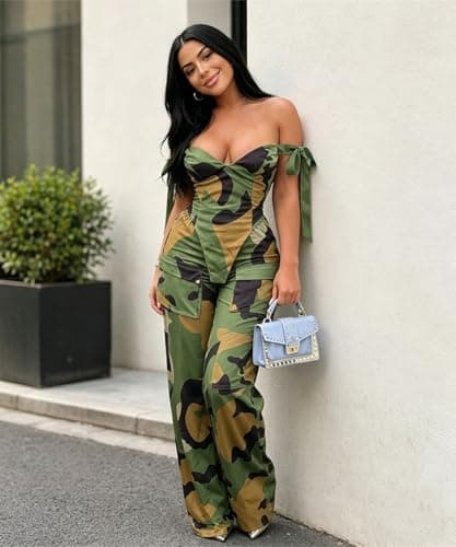 knowfashionstyle Sexy 2 Piece Sets For Women Going Out Sleeveless Croset Top And Wide Leg Pants Set Party Birthday Outfits Camouflage 2Xl - Thumbnail 2