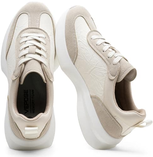 Vepose Women's Beige Pu Lightweight Platform Sneakers Chunky Casual Tennis Shoes, Memory Foam Non Slip, Suede Pu Lace Up, Everyday Walking Travel Office Size 7.5(CJY8216 Beige pu 07.5) - Image 1
