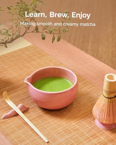 Maestri House Pink Matcha Whisk Set, 7-Pc Complete Matcha Kit with Spouted Ceramic Bowl, Bamboo Whisk and Holder, Scoop, Spoon Rest & Sifter, Tea Cloth – Ideal Gift for Matcha Lovers (Pink) - Thumbnail 5