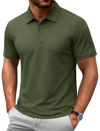 Cotrasen Polo Shirts for Men Cotton Pique Short Sleeve T-Shirts 3 Buttons Classic Fit Casual Basic Shirts Army Green XL - Image 1
