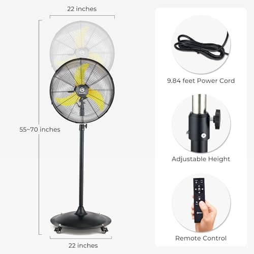 FUGOO 20'' Outdoor Quiet Oscillating Pedestal Fan With Remote Control,All Sealed BLDC Motor, 4-Speed Waterproof Outdoor Fan, Heavy Duty Industrial Fans for House,Patios, Commercial, Garage, Warehouse - Thumbnail 2