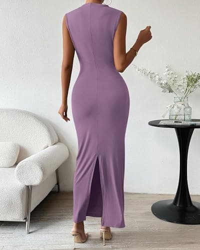 BTFBM Women Ruched Bodycon Maxi Dresses Summer Casual Sleeveless Lightweight Slit Elegant Cocktail Wedding Guest Dress(Purple, Large) - Thumbnail 4