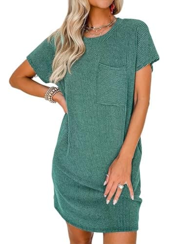 Acelitt Women Casual Summer Dresses 2026 Fashion Crewneck Short Sleeve Trendy Loose Vacation Beach Ribbed Shift Tshirt Mini Dress Dark Green Medium - Image 1