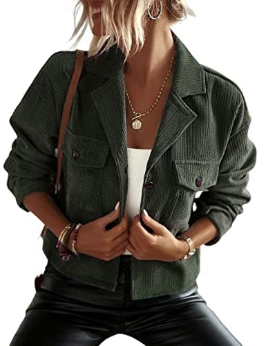 Kwoki Women's Corduroy Jackets Casual Button Down Cropped Shacket Fashion Trendy Crop Blazer Tops KF0097 Green XL - Image 1