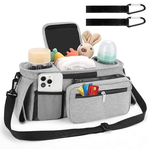 HFLYJPYW Universal Stroller Organizer with Insulated Cup Holder Detachable Phone Bag and Carry Strap Fits Uppababy, Baby Jogger, Britax, BOB, Umbrella and Pet Stroller and more (Light gray) - Thumbnail 4