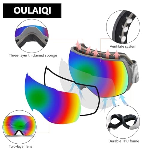 OULAIQI Ski Snow Goggles,OTG UV400 Protection,Anti Fog Skiing,Skating,Snowboarding,Snowboard Goggles For Men Women Youth (Green) - Thumbnail 5