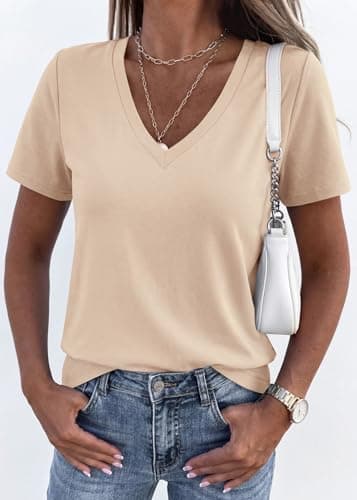 KIRUNDO V Neck T Shirts for Women Summer Tops Oversized Spring Short Sleeve Casual Basic Tees Tunic Blouse Fashion Clothing(Beige Apricot, Large) - Thumbnail 4