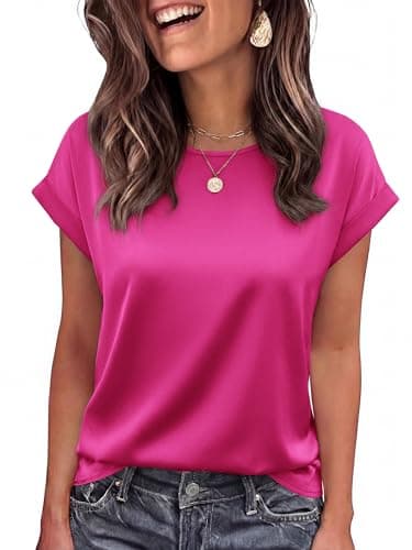 BTFBM Summer Tops for Women 2026 Dressy Satin Blouses Loose Crew Neck Short Sleeve Shirts Work Business Casual Outfits(Rose Red, Medium) - Image 1