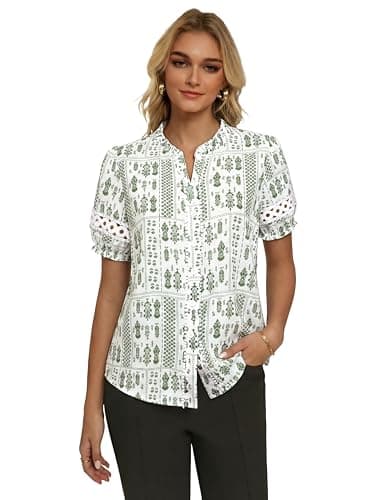 GRACE KARIN Women Boho Floral Tops, Summer Short Eyelet Sleeve Dressy Casual Shirts, Spring Button Down Blouse 2026 Trendy Light Green XX-Large - Thumbnail 4