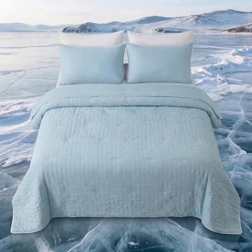 Fuzzysense Cooling Comforter Queen Size – Q-Max 0.4 Seersucker Reversible Cooling Blanket, Lightweight Breathable Summer Quilt for Hot Sleepers & Night Sweats, Ice Blue - Image 1