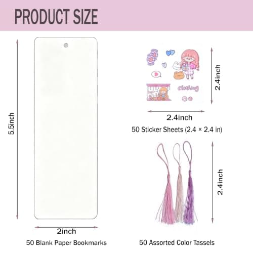 Bakayoyo 150 PCS DIY Bookmark Making Kit, 50 Blank Paper Bookmarks with 50 Tassels & 50 PET Stickers, 5.5×2 Inch Bulk Craft Supplies for Book Lovers, Classroom Projects, Gifts for Teachers & Students - Thumbnail 3