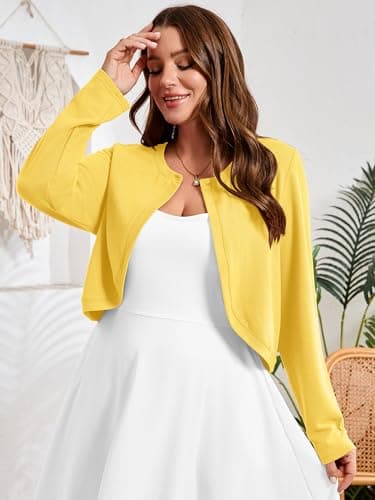AusLook Plus Size Women Shrugs Long Sleeve Bright Yellow 5X Open Front Cardigan Knit Lightweight Coat Cropped Bolero Tops Shawls and Wraps Dressy Sweater - Thumbnail 5