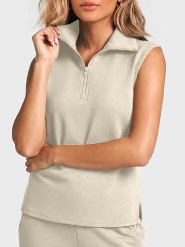 Casly Lamiit Womens 2 Piece Outfits for Women Quarter Zip Sleeveless V Neck Tank Top Sweatpant Travel Airport Clothing Set Sweatsuits Dark Beige XL - Thumbnail 2