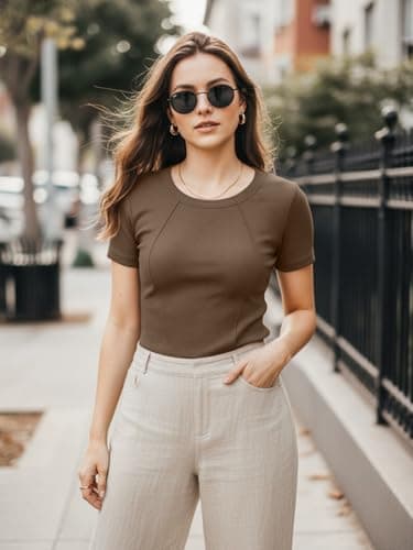 Ninee Tops with Built in Bra for Women Casual Short Sleeve Fitted Crew Neck Ribbed Knit Stripes Shirts (Coffee,X-Large) - Thumbnail 3