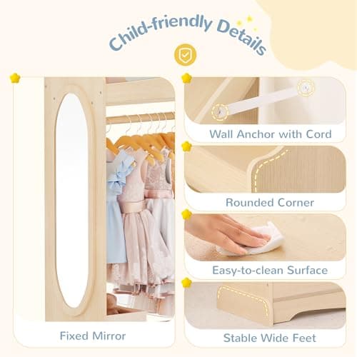 Curipeer Kids Dress up Storage with Mirror, Kids Wardrobe with Storage & 3 Hooks, Kids Closet for Girls Boys, Kids Costume Organizer, Open Hanging Armoire Wardrobe Closet for Bedroom, Natural - Thumbnail 4