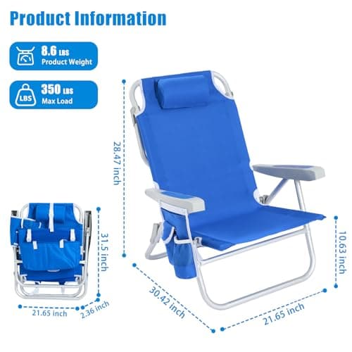 SUNNYFEEL Low Beach Chair, 5-Position Lay Flat Reclining, Backpack Portable Folding Chair with Cooler Bag & Cup Holder, Heavy Duty 350 LBS, Compact for Beach, Camping, Travel (New Blue) - Thumbnail 3