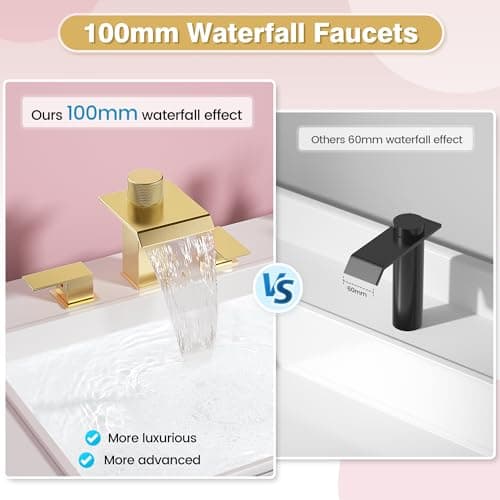 Brushed Gold Bathroom Faucet 3 Hole, 8 Inch Widespread Waterfall Bathroom Sink Faucet with Filter, Includes Metal Pop-Up Drain and Supply Hoses, Perfect for Vanity, Restroom, Sink, Rv - Thumbnail 3