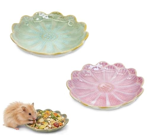 Hamster Food Bowl，2 Pcs Sunflower Hamster Bowls,Hamster Ceramic Food Bowl，Food Dish for Small Animals Hamster Guinea Pig Rat Mice Gerbil Dwarf (Pink+Green) - Image 1