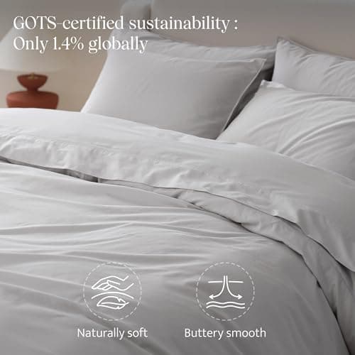 Double Stitch 100% Organic Cotton Duvet Cover - Soft 3 Piece Bedding Set Queen Size, 300 TC Luxury Hotel Sateen Weave, GOTS Certified Long Staple Cotton, Made in India, Winter Sky - Thumbnail 4