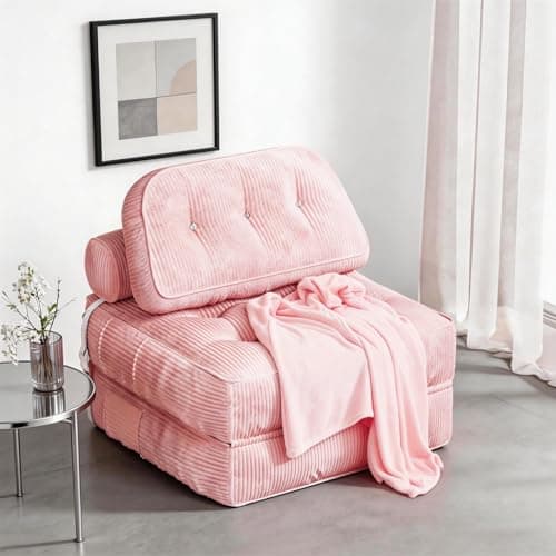 NESLAKO Folding Sofa Bed, Flannel Futon Couch Bed with Pillow and Blanket, Convertible Sleeper Chair for Living Room Bedroom, Pink - Image 1