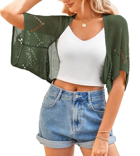 BB&KK Women Summer Shrug Sweaters Hollow-Out Batwing Short Sleeve Knit Tops Lightweight Crochet Bolero Cardigans Army Green M - Image 1