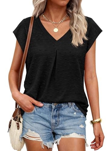 PRETTYGARDEN Women's Summer Blouses Casual Dressy Swiss Dot Cap Sleeve V Neck Tops 2026 Trendy Work Business Spring Shirts (Black,L) - Image 1