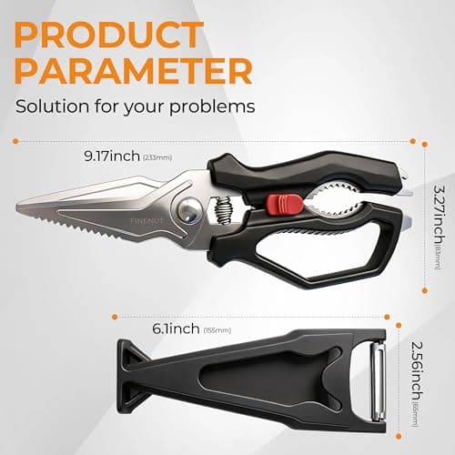 FINENUT Heavy Duty Kitchen Scissors with Peeler Sheath - Spring Loaded Poultry Shears for Chicken, Meat & Fish - Multipurpose Food Scissors with Safety Lock & Non-Slip Handle, Dishwasher Safe - Thumbnail 2