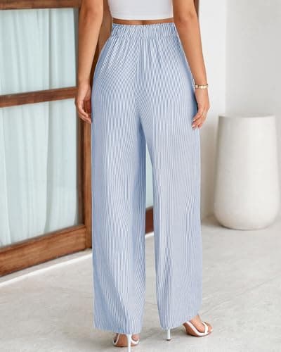 BTFBM Pants for Women 2026 Spring Clothes Striped High Waist Tie Knot Dressy Casual Wide Leg Palazzo Work Trousers Pants(Blue, Large) - Thumbnail 3