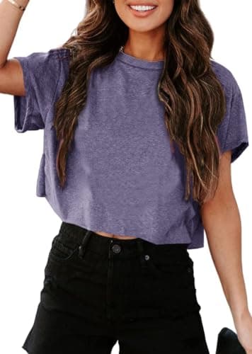 UNCLECAT Women's Cropped T Shirts Trendy Short Sleeve Crew Neck Crop Tops Solid Basic Tee Purple - Image 1