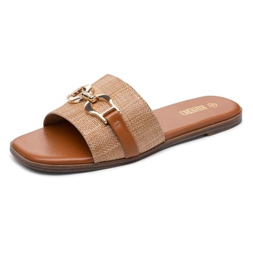 Rihero Flat Sandals for Women Square Open Toe Dressy Summer Slides Comfortable Slip On Beach Brown Raffia Sandals Size 5.5 - Image 1
