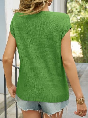 Saodimallsu Womens Short Sleeve Sweater Tops Summer Crewneck Lightweight Knit Casual Loose Sleeveless Sweater Vest Green - Thumbnail 5