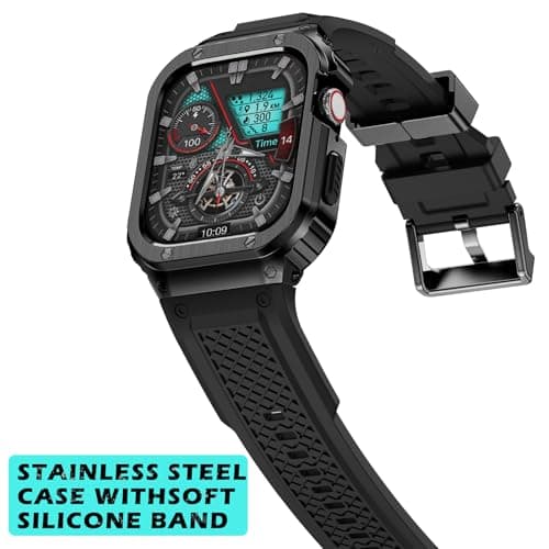 Deczone Band with Stainless Steel Case Compatible with Apple Watch Series SE 3 2 1/6 5 4 44mm, Series 3 2 1 42mm Band, iwatch Bands Rugged Protective Meatl Cover for Men (Black) - Thumbnail 3