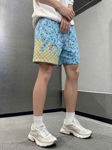 Men's Ice Cream Graffiti Print Mesh Athletic Lightweight Quick-Dry Gym Shorts with Pockets for Running Basketball Workout (US, Alpha, X-Large, Regular, Regular, Blue) - Thumbnail 2