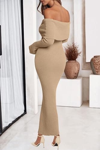 dowerme Women's Off The Shoulder Sweater Dress 2026 Formal Long Sleeve Bodycon Maxi Wedding Guest Dresses Spring Outfits(Khaki,Small) - Thumbnail 3