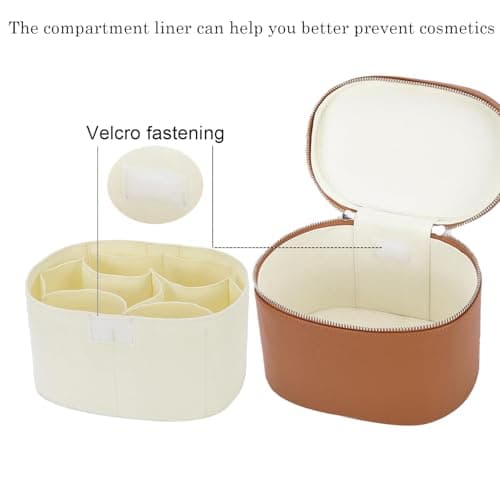 IEMIEBOAMGNOY Leather Make Up Bags With Compartments, Brown travel Cosmetic Bags for Women, Parallel Makeup Travel Bags Organizer Equipped With a Detachable Divider - Thumbnail 6