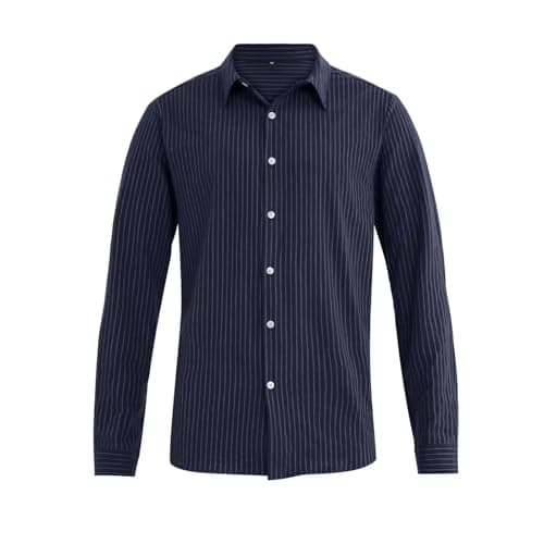 BAYAMO Men's Button-Down Striped Shirts Casual Long Sleeve Cotton Linen Collared Shirts Fashion Business Dress Shirt Navy XL - Thumbnail 4