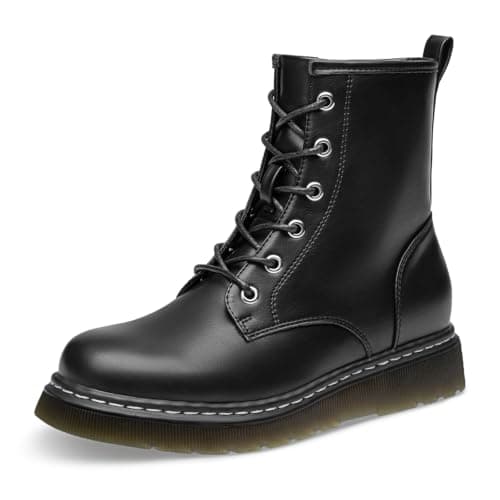 Athlefit Women's Lace-Up Combat Boots Fashion Casual Low Platform Lug Sole Ankle Booties with Side Zipper for Outdoor Walking,Black,Size 7.5,AD01863